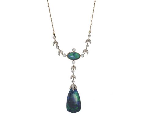A Belle Epoque gold, black opal and vari-cut diamond foliate drop necklace, largest opal measures approximately 2.8 by 1.5cm,