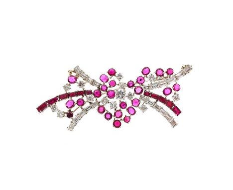 A diamond and ruby spray brooch, estimated total diamond weight 4.40ct, principal diamond estimated weight 0.50ct, H-I colour