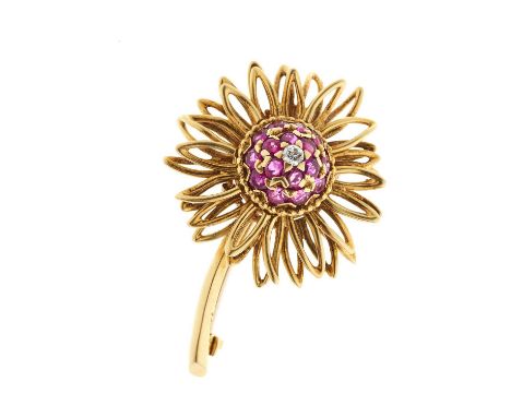 Kutchinsky, a mid 20th century 18ct gold ruby and diamond flower brooch, signed Kutchinsky, hallmarks for London 1965, with m