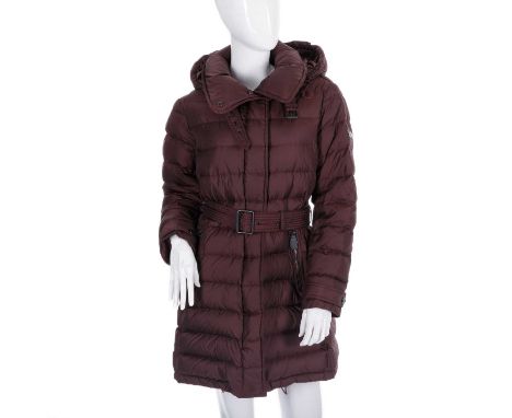 Burberry, a burgundy quilted shell down coat, featuring zip and button front fastenings, a detachable hood, belted waist, two