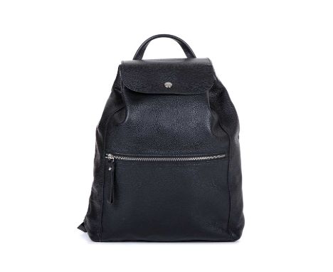 Longchamp, a Le Foulonne leather backpack, crafted from grained black leather, featuring a front and a rear zip pocket, draws