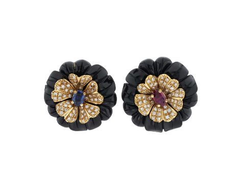Capello, a pair of 18ct gold carved onyx, sapphire, ruby and diamond flower earrings, estimated total diamond weight 1ct, sta