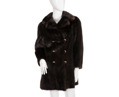 A three-quarter length dark ranch mink jacket, featuring a notched lapel collar, front button fastening, rear half belt, two 