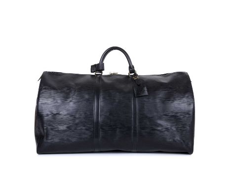 Louis Vuitton, a vintage black epi Keepall 60 luggage bag, featuring a black textured leather exterior and smooth leather tri