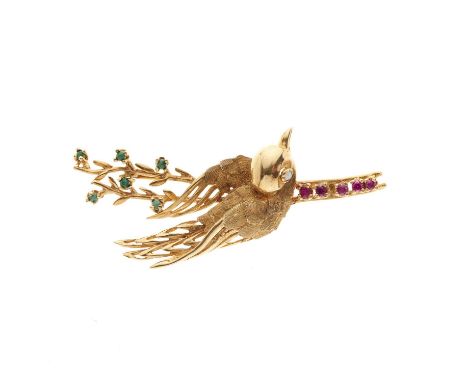 A 14ct gold opal, turquoise and ruby bird brooch, stamped 14k, length 5.4cm, 6.3gOverall good conditionRubies are a deep pink