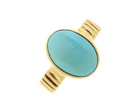 An 18ct gold turquoise cabochon single-stone ring, with grooved band, ring size L, 6.1gOverall good conditionLength of ring h