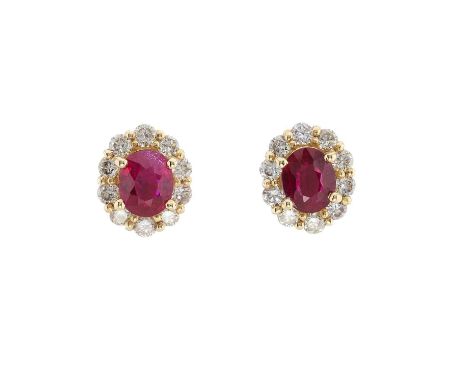 A pair of 18ct gold ruby and brilliant-cut diamond cluster stud earrings, estimated total ruby weight 0.60ct, estimated total