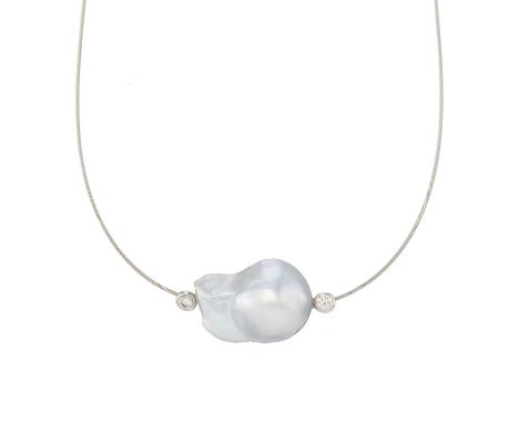 An 18ct gold baroque pearl necklace, with brilliant-cut diamond sides, on a wire chain, estimated total diamond weight 0.10ct