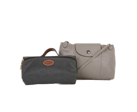 Longchamp, a Le Pliage Cuir crossbody bag and nylon pouch, the small crossbody bag, crafted from grey leather, featuring a re
