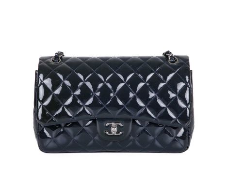 Chanel, a blue patent Classic Jumbo Double Flap handbag, crafted from diamond quilted blue patent leather, with polished silv