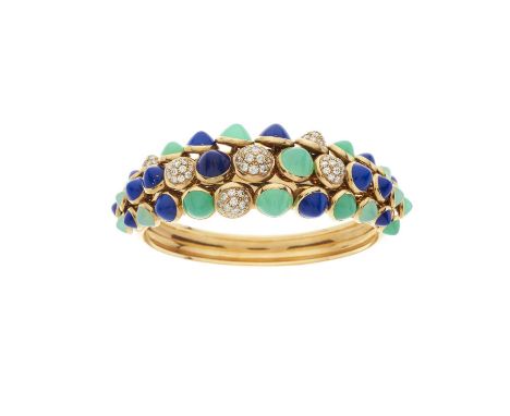 Cartier, an 18ct gold pave-set diamond, lapis lazuli and chrysoprase cabochon Nouvelle Vague Mischievous bangle bracelet, cir