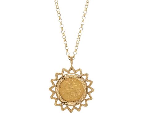 Edward VII, a half sovereign coin pendant, within a 9ct gold starburst mount, suspended from a 9ct gold belcher-link chain, c