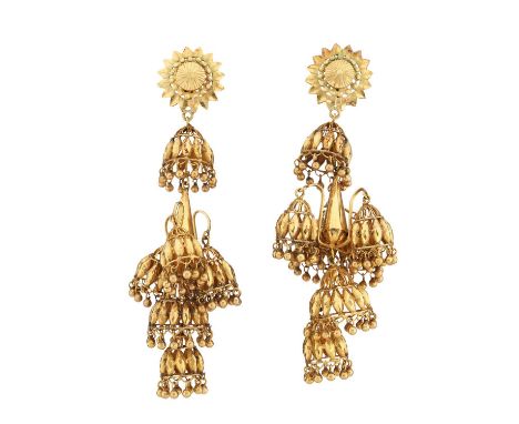 A pair of gold tiered drop Jhumka earrings, length 9.4cm, 39gOverall good conditionSome light marks, discolouration and scrat