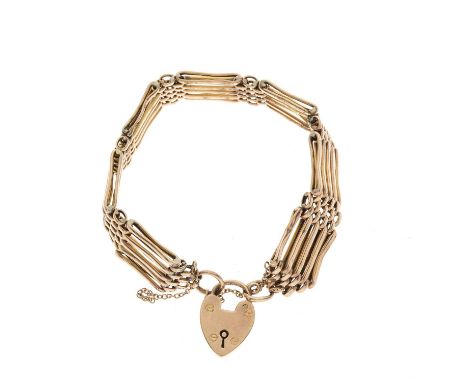 An early 20th century 9ct gold gate bracelet, with heart-shape padlock clasp, stamped 9ct, length 20cm, 16.7gOverall good con