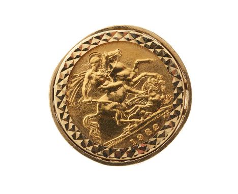 A gold half sovereign coin ring, sovereign dated 1982, within a 9ct gold mount, band with hallmarks for London 1989, ring siz