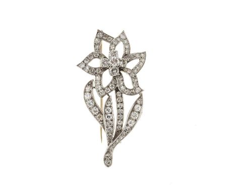 A mid 20th century 18ct gold brilliant and single-cut diamond flower brooch, estimated total diamond weight 1.40ct, H-I colou