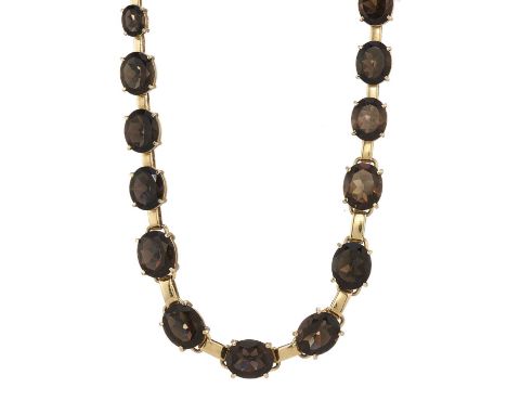 A set of 14ct gold smoky quartz jewellery, to include a graduated riviere necklace, a line bracelet, a pair of drop earrings 