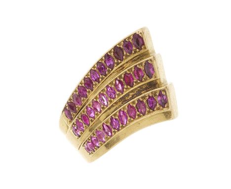 A 1940s 18ct gold ruby cocktail ring, French import marks, ring size H, 16gOverall good conditionWidth of ring at widest poin