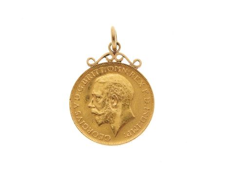 George V, a gold full sovereign coin dated 1927, with 9ct gold pendant mount, length 3.2cm, total weight 8.5gOverall good con