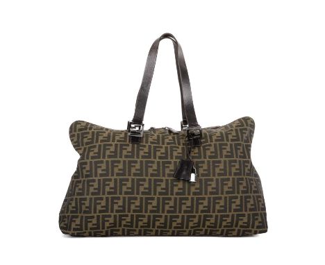Fendi, a large Zucca handbag, designed with the maker's classic FF monogram canvas exterior and brown leather trim, with flat