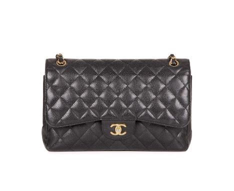 Chanel, a Jumbo Classic Double Flap handbag, featuring a black quilted caviar leather exterior, with polished gold-tone hardw