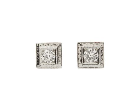 A pair of 18ct gold brilliant-cut diamond single-stone stud earrings, with square-shape surround, estimated total diamond wei