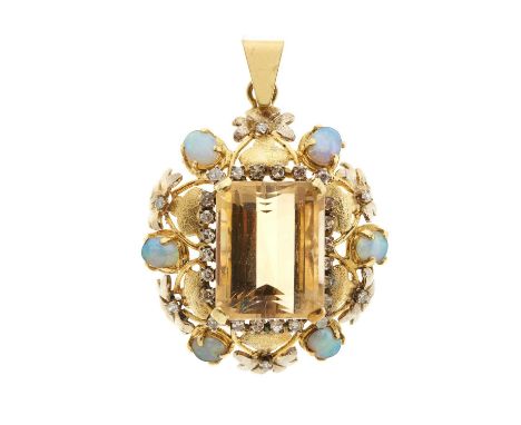 A mid 20th century 18ct gold citrine, diamond and opal pendant, citrine estimated weight 13.80ct, estimated total diamond wei