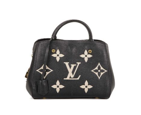 Louis Vuitton, a monogram empreinte Montaigne BB handbag, crafted from black leather, featuring the maker's oversized beige m