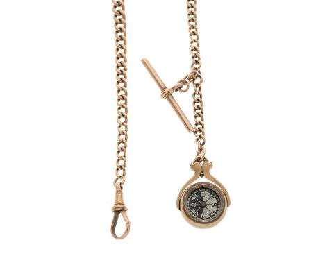 An early 20th century 9ct gold graduated Albert chain, with T-bar and lobster clasp terminal, suspending a bloodstone and com