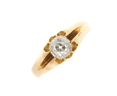 A late Victorian gold, old-cut diamond single-stone band ring, diamond estimated weight 0.85ct, I-J colour, P1 clarity, ring 