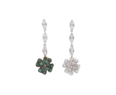 A pair of 18ct gold brilliant-cut diamond floral cluster drop earrings, each with circular-cut emerald reverse and brilliant-