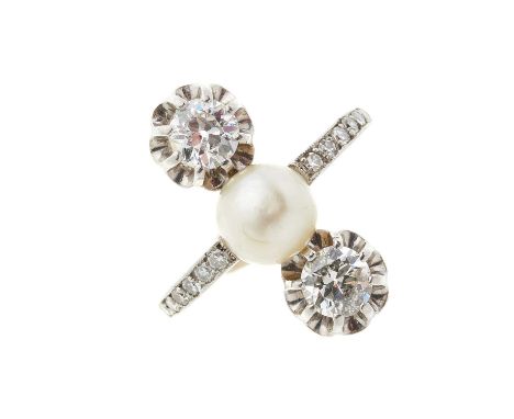 A Belle Epoque diamond and pearl three-stone dress ring, estimated total diamond weight 0.80ct, H-I colour, SI2-P1 clarity, p