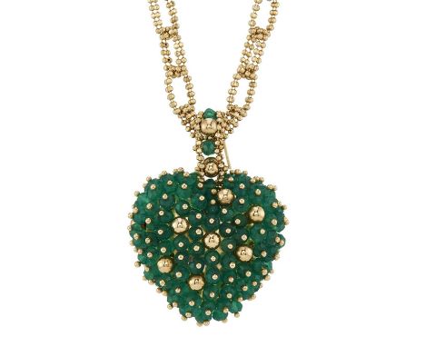 A 14ct gold pave-set green gem heart pendant, suspended from a 14ct gold fancy-link chain, chain and pendant stamped 585, len