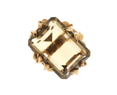A 1970s 9ct gold citrine single-stone cocktail ring, with fancy-shape claws, citrine estimated weight 21.50ct, hallmarks for 