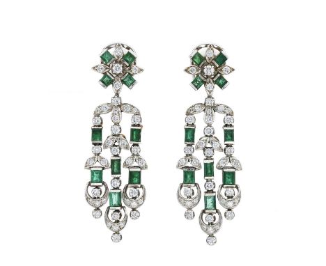 A pair of 18ct gold emerald and brilliant-cut diamond chandelier drop earrings, estimated total diamond weight 1.40ct, H-I co