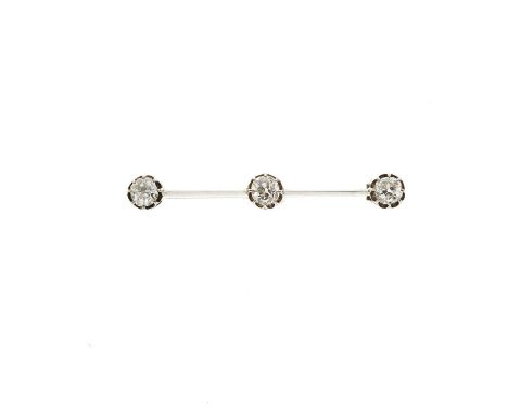 An early 20th century platinum old-cut diamond three-stone bar brooch, estimated total diamond weight 1ct, I-K colour, SI2-P1