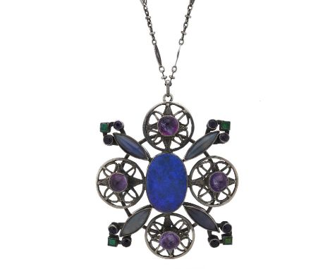 Sibyl Dunlop (attributed), a large silver Arts &amp; Crafts multi-gem pendant, with pink tourmaline cabochon surround and opa