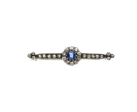 A 19th century silver and gold, cushion-shape sapphire and rose-cut diamond cluster bar brooch, with rose-cut diamond line si