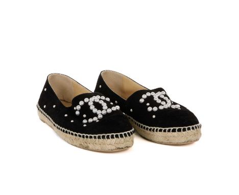 Chanel, a pair of CC pearl espadrilles, crafted from black suede, featuring CC faux pearl embellishments, labelled Chanel, si