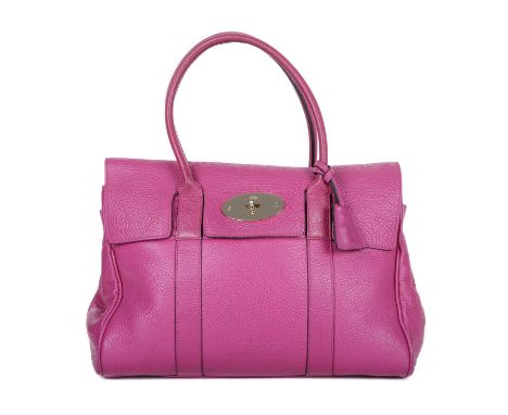 Mulberry, a pink Bayswater handbag, crafted from grained pink leather, featuring double rolled handles, top flap closure with