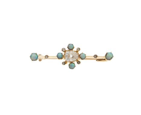 An early 20th century 15ct gold old-cut diamond and opal cabochon bar brooch, principal diamond estimated weight 0.70ct, H-I 