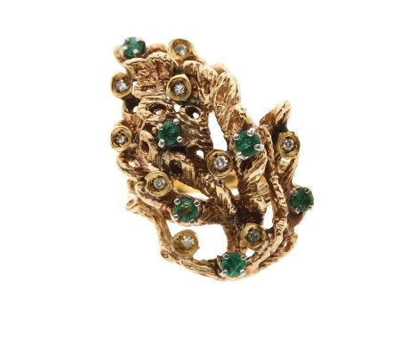 A gold emerald and diamond abstract dress ring, of asymmetric textured design, ring size N, 14.8gOverall good conditionLength
