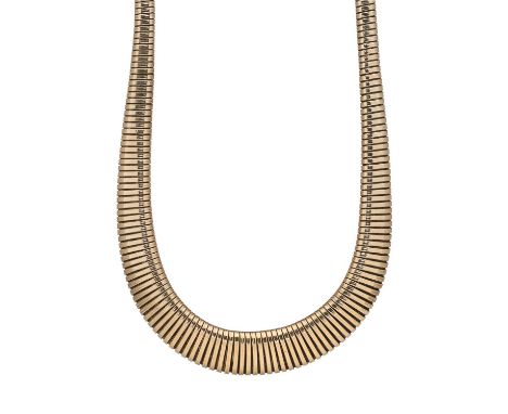 A mid 20th century 9ct gold flexible choker necklace, hallmarks for London, length 35cm, 33.4gOverall good conditionSome ligh