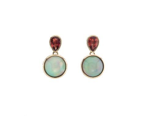 A pair of 18ct gold opal and orange sapphire drop earrings, total opal weight 2.56ct, total orange sapphire weight 0.74ct, st