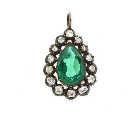 A 19th century green paste and old-cut diamond cluster pendant, estimated total diamond weight 0.70ct, length 3.2cm, 4.4gOver