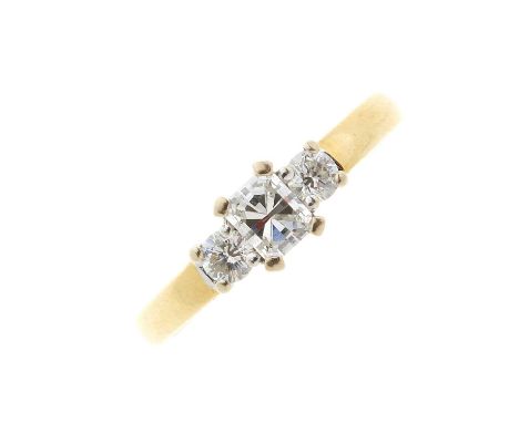 An 18ct gold diamond three-stone ring, total diamond weight 0.50ct, stamped to band, estimated H-I colour, VS1-SI1 clarity, h