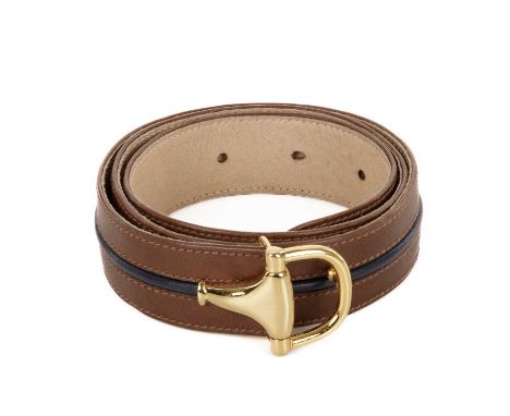 Gucci, a vintage leather Horsebit belt, crafted from brown leather with a central navy blue leather stripe, and gold-tone hor