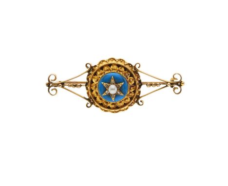A mid 19th century gold blue enamel, split pearl and rose-cut diamond brooch, length 5.2cm, 8.2gOverall good conditionEnamel 