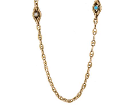 A late Victorian gold, split pearl and turquoise cabochon accent fancy-link longuard chain necklace, with later gold plated l