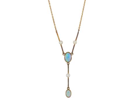 An Edwardian 15ct gold, opal cabochon and seed pearl drop pendant, suspended from an integral chain with T-bar clasp, length 